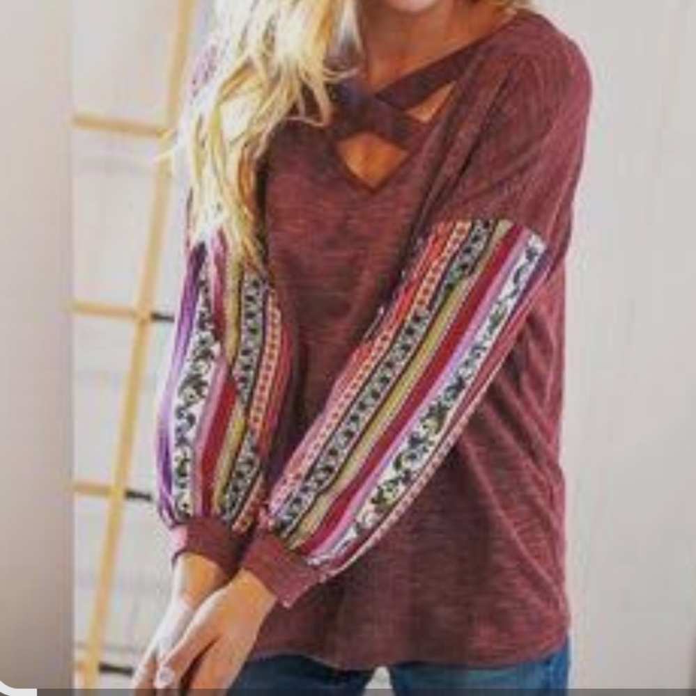 Relaxed Vneck Cross Detail Top With Contrasting Sleeves
